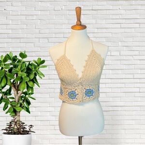 Handmade Halter Top with Blue Daisy Design Crochet Festival Tankini